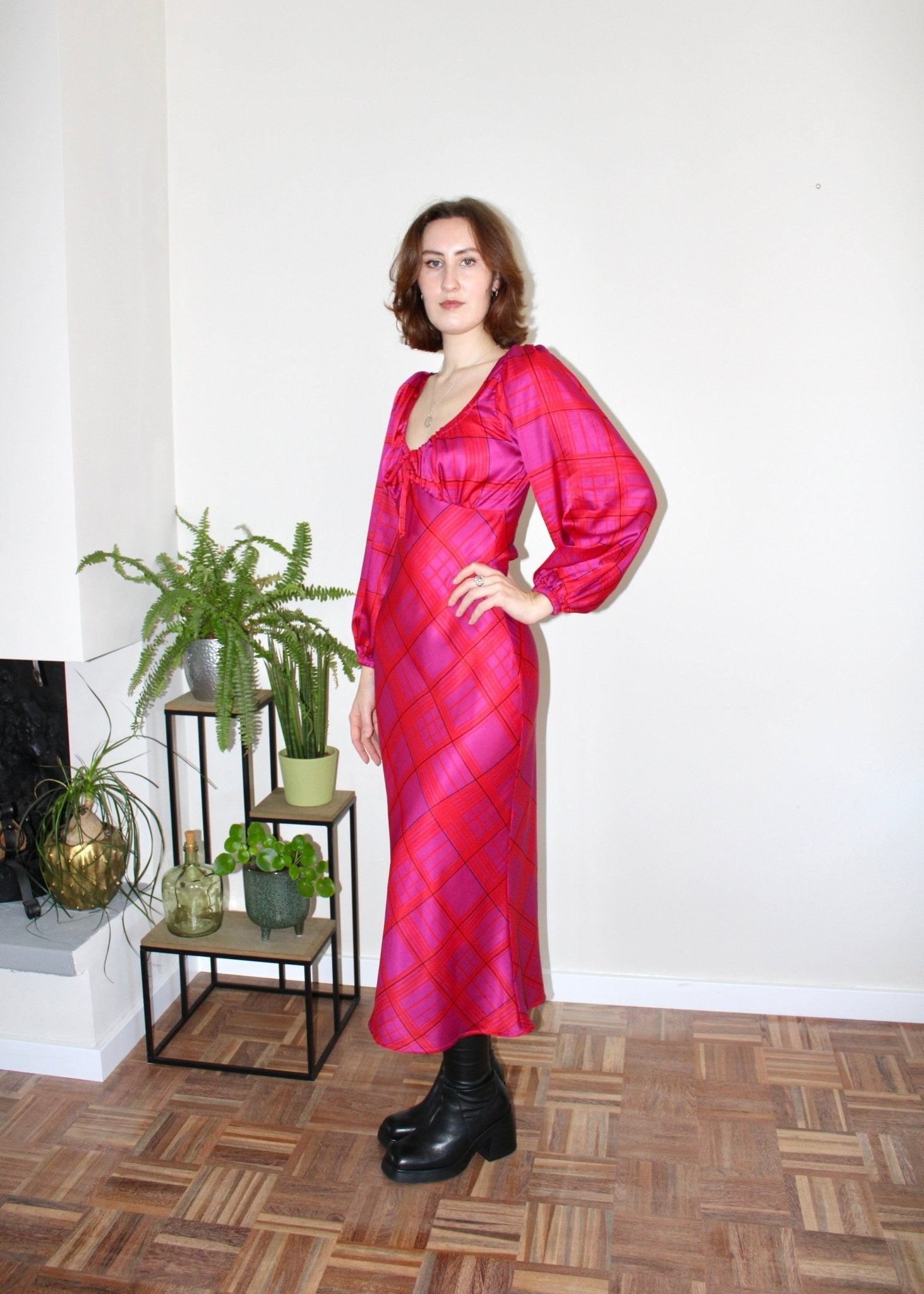 Lara dress longsleeve silk pink plaid - Luci's Lemons