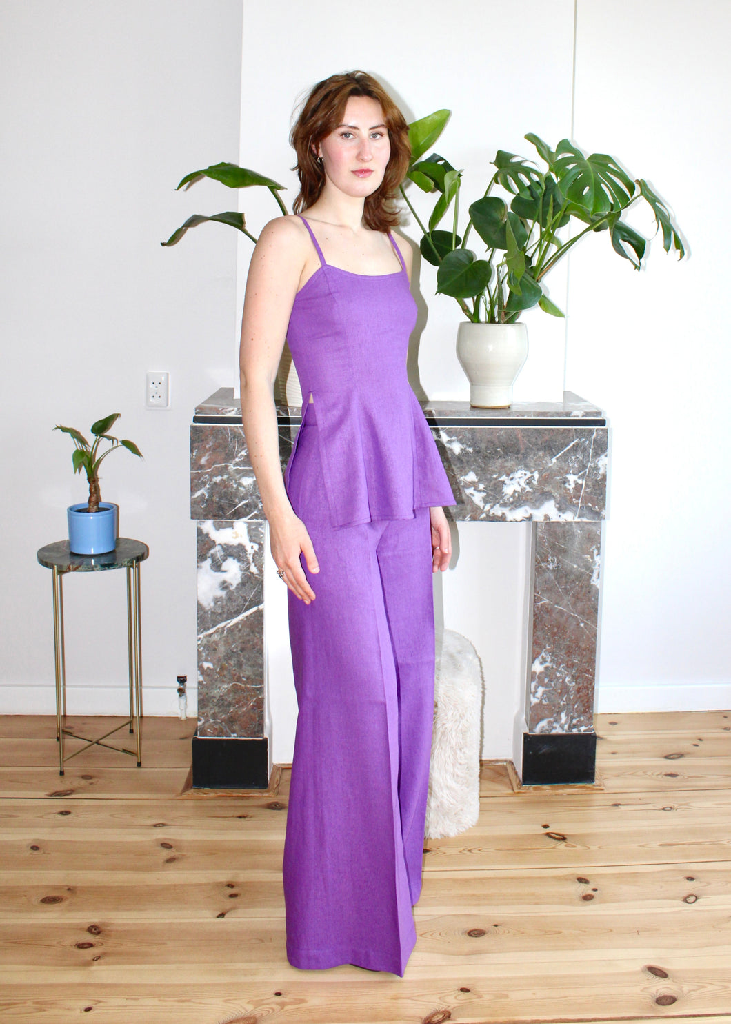 Amelia low neckline top purple linen