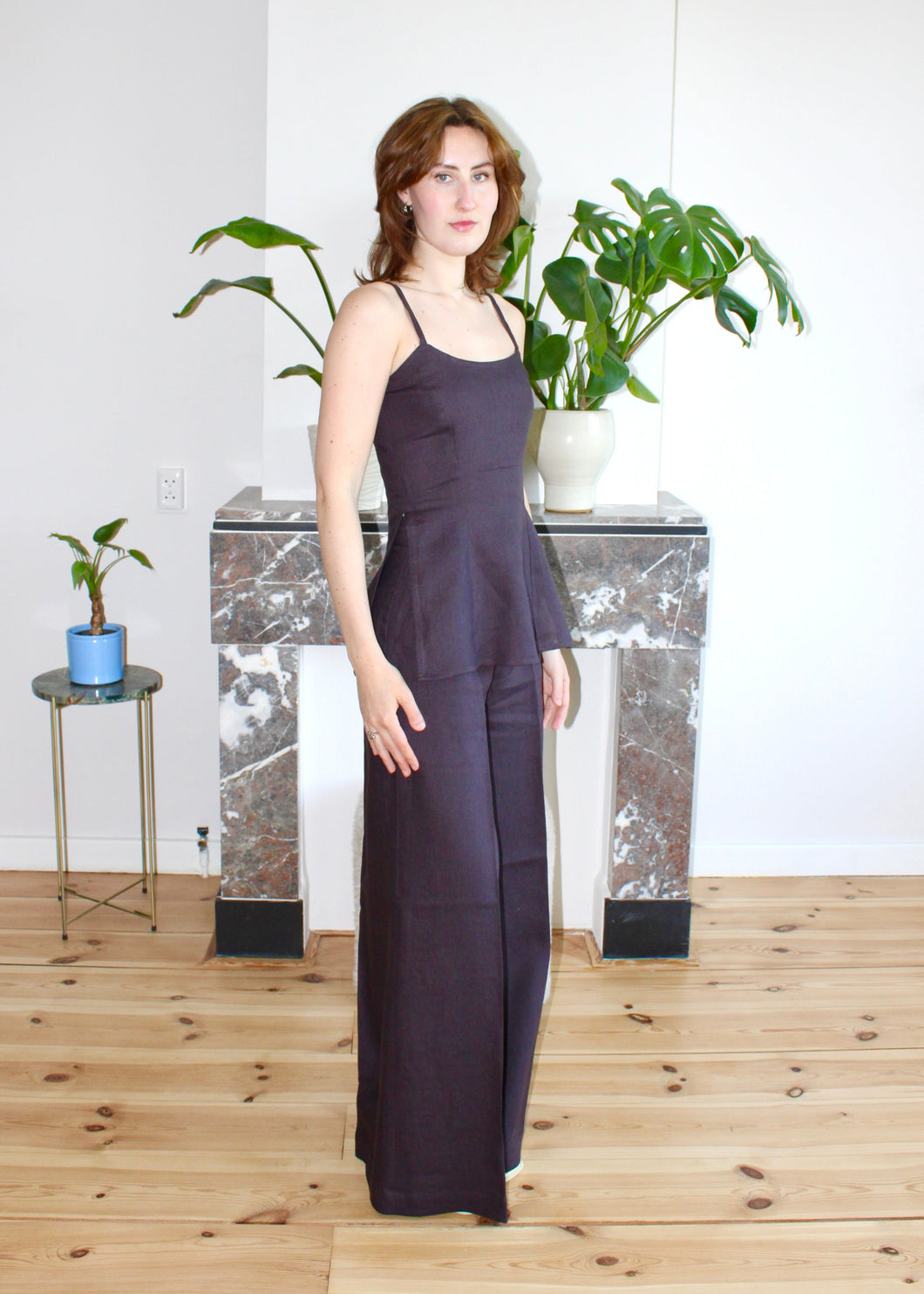 Amelia low neckline top espresso brown linen