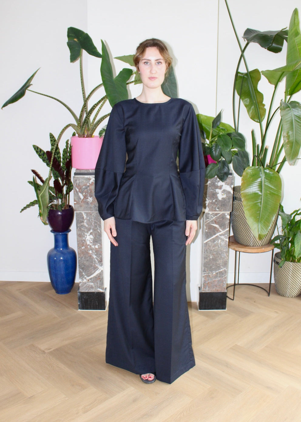 Amelia top navy wool long barrel sleeves