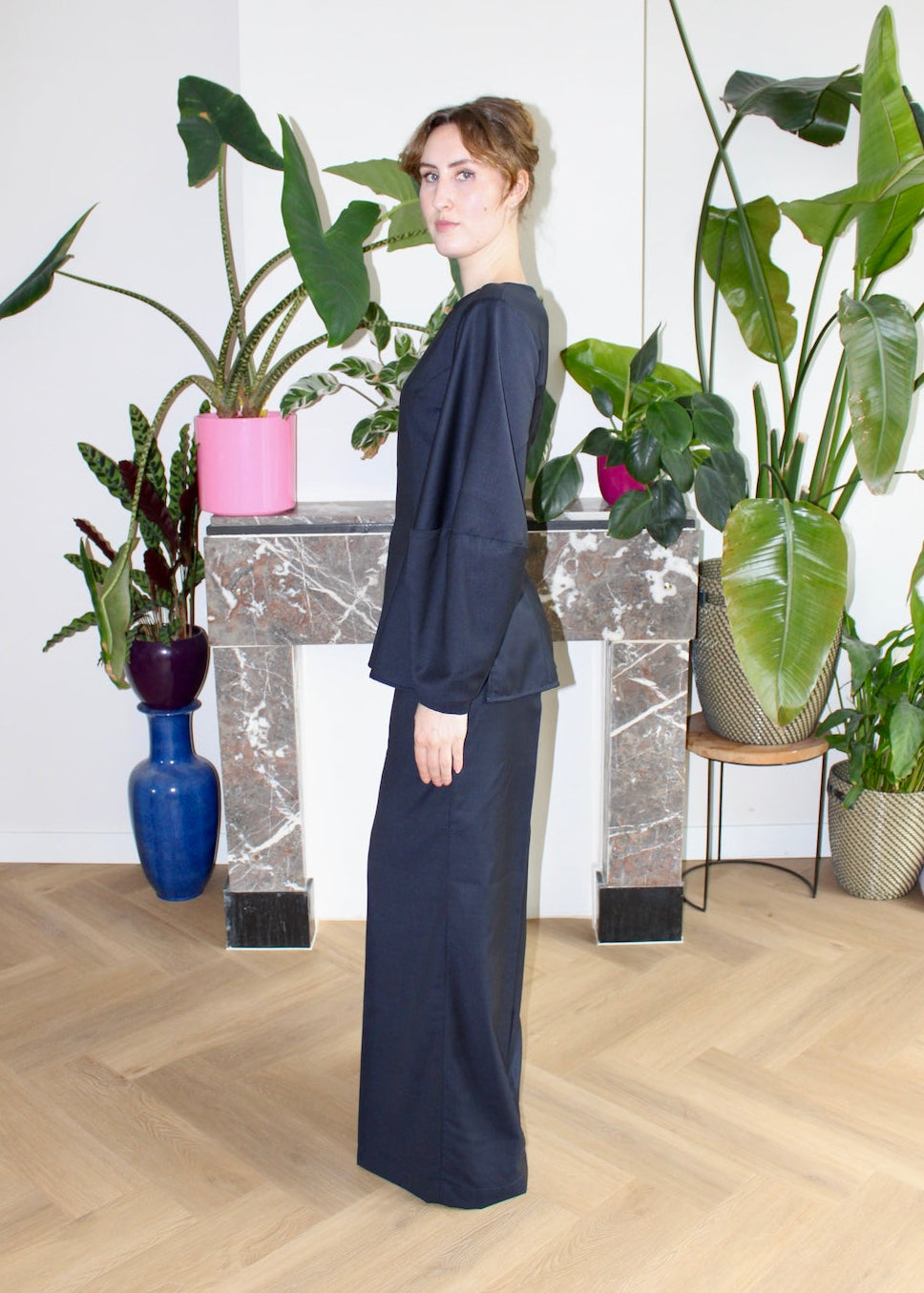 Amelia top navy wool long barrel sleeves
