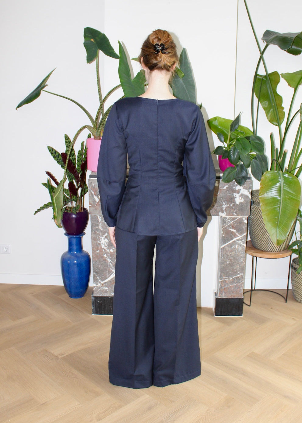 Amelia top navy wool long barrel sleeves