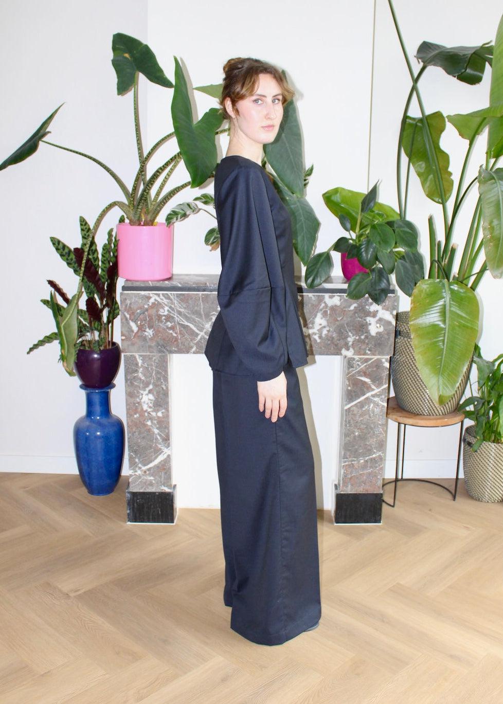 Amelia top navy wool long barrel sleeves