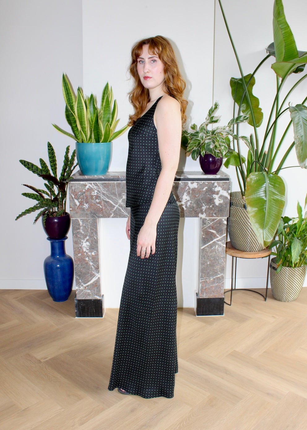 Vera top black and green polka dot