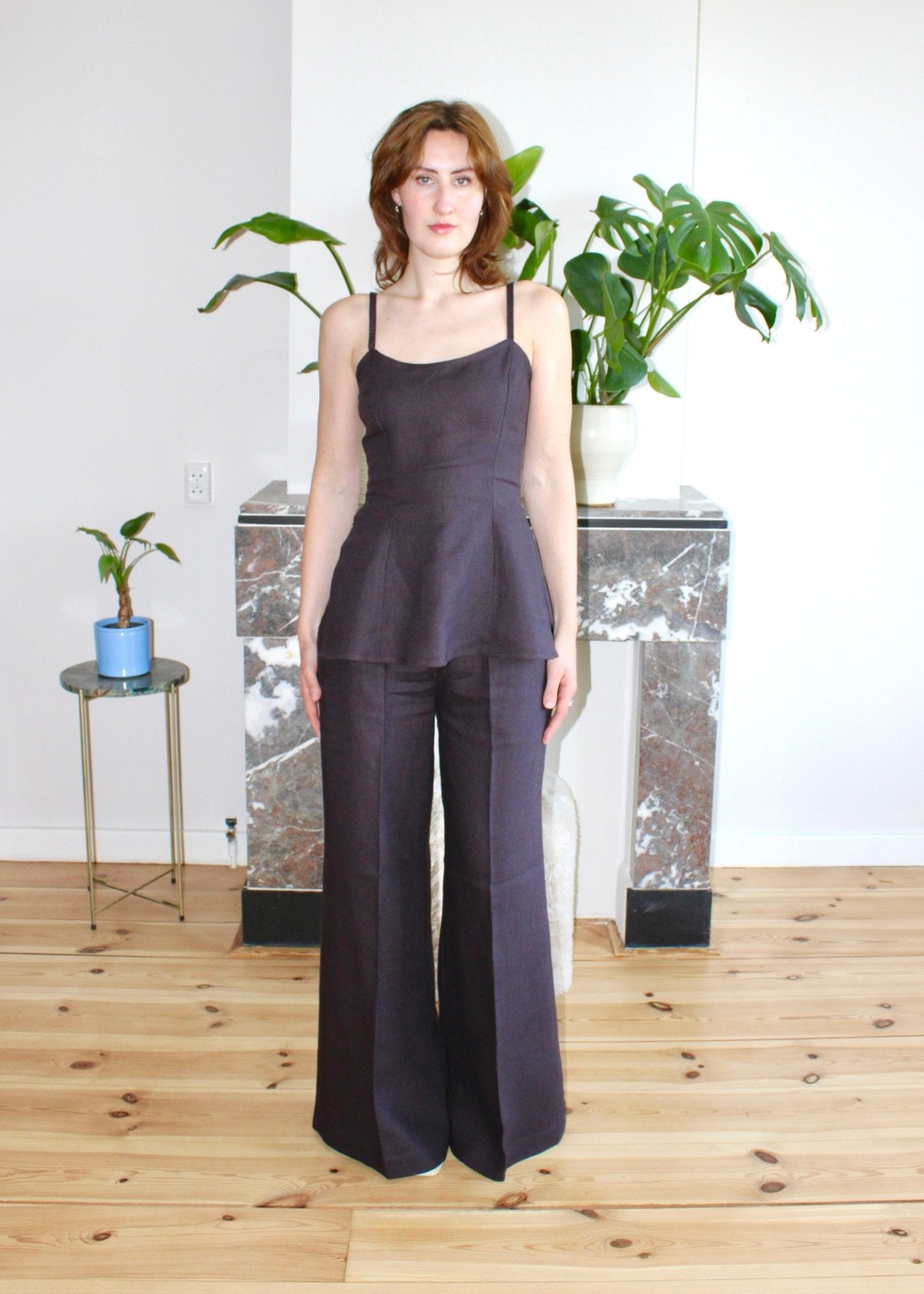 Amelia low neckline top espresso brown linen - Luci's Lemons
