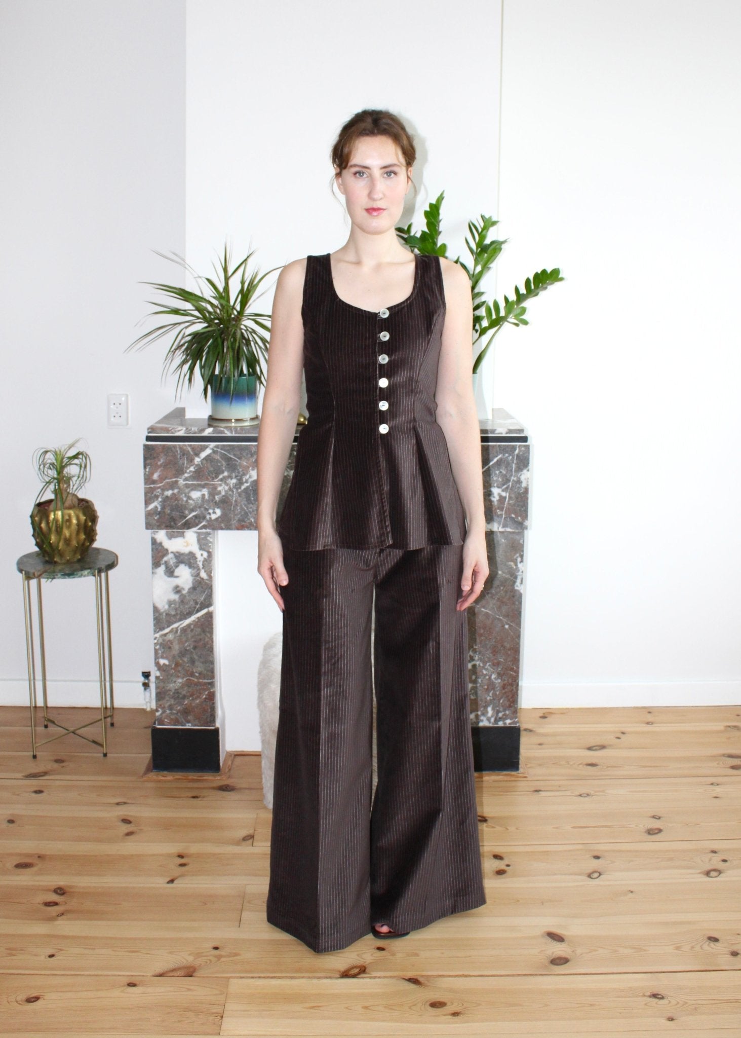 Amelia trousers brown stripe velvet - Luci's Lemons