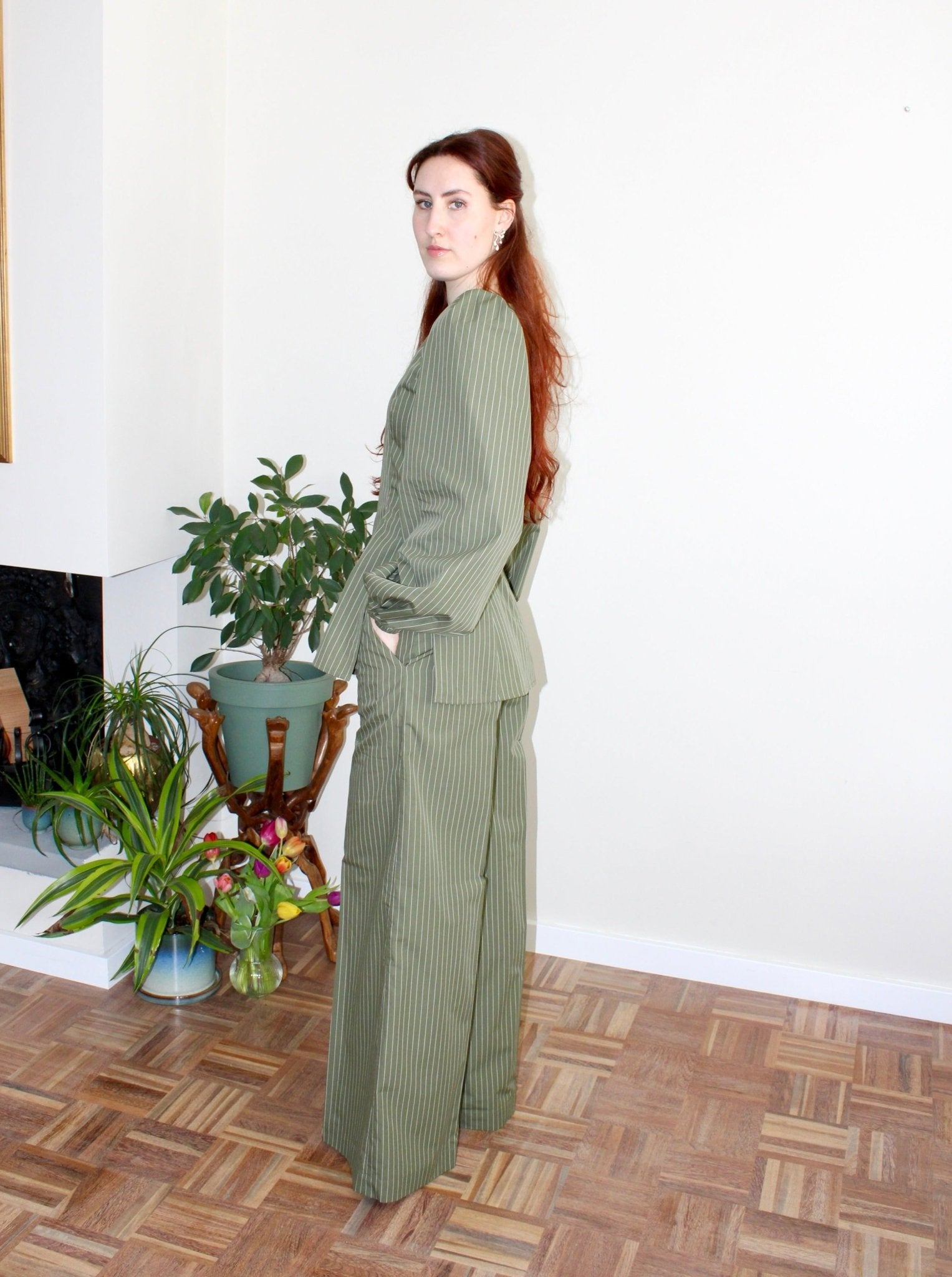 Amelia trousers sage green stripe - Luci's Lemons