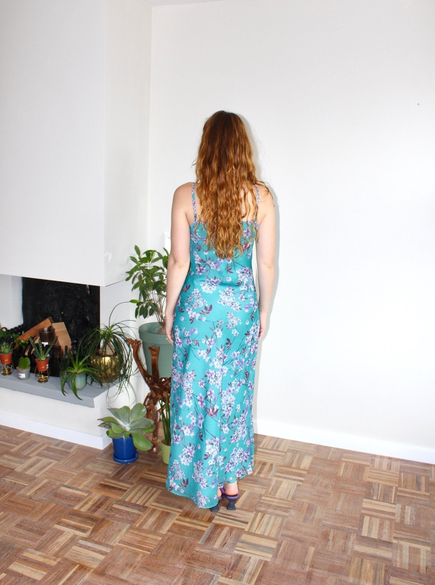 Camille maxi dress turquoise floral silk - Luci's Lemons