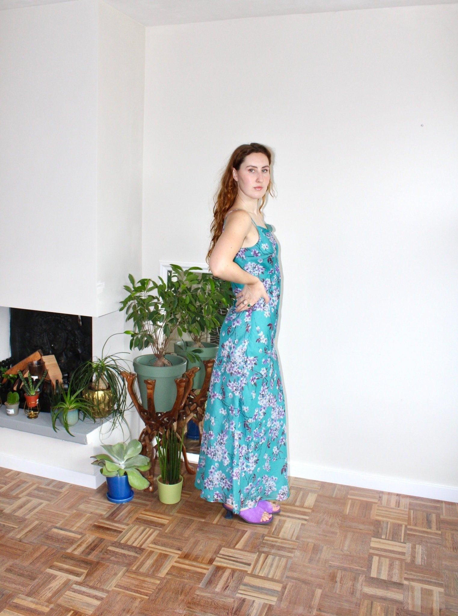 Camille maxi dress turquoise floral silk - Luci's Lemons