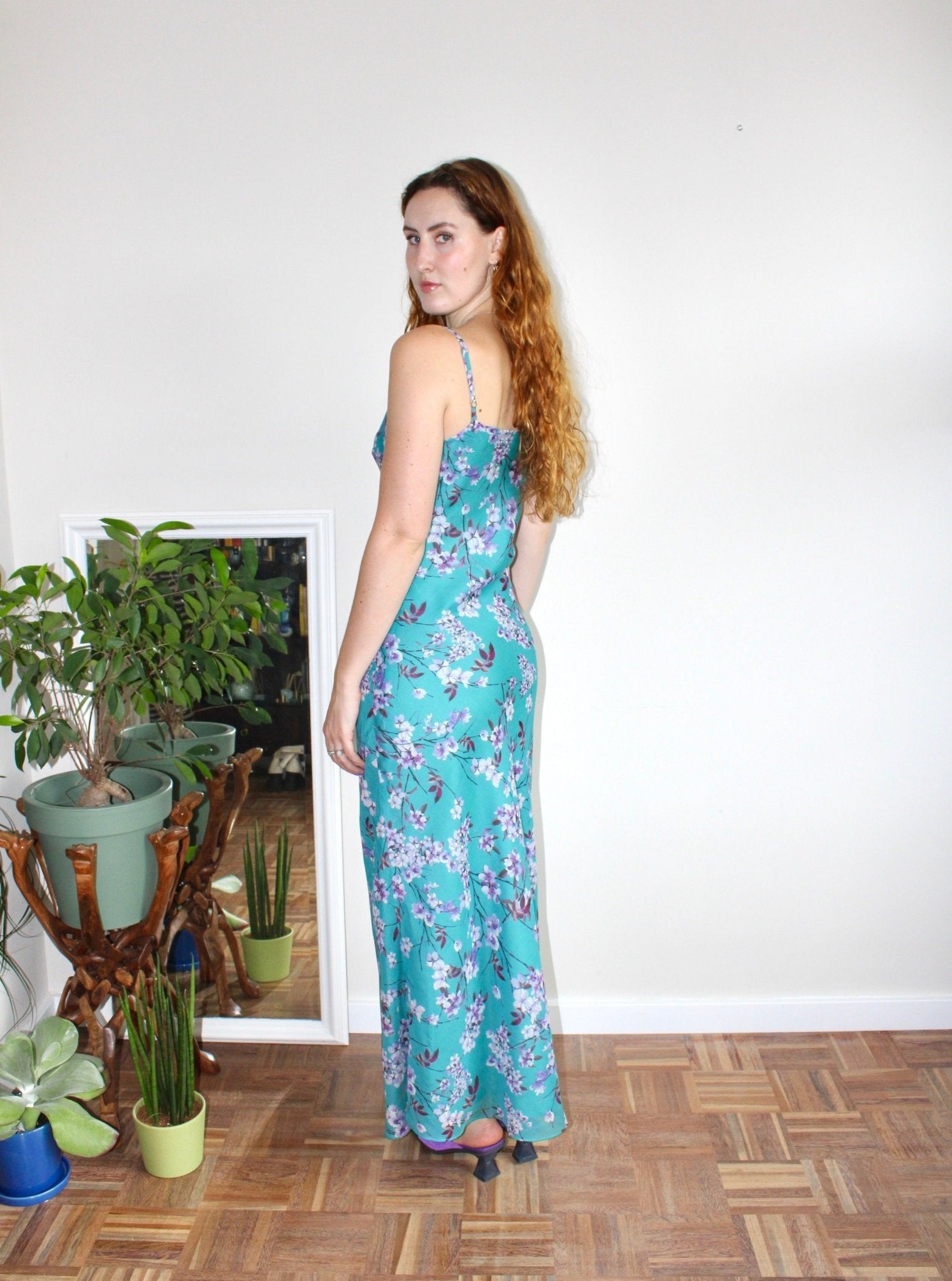 Camille maxi dress turquoise floral silk - Luci's Lemons