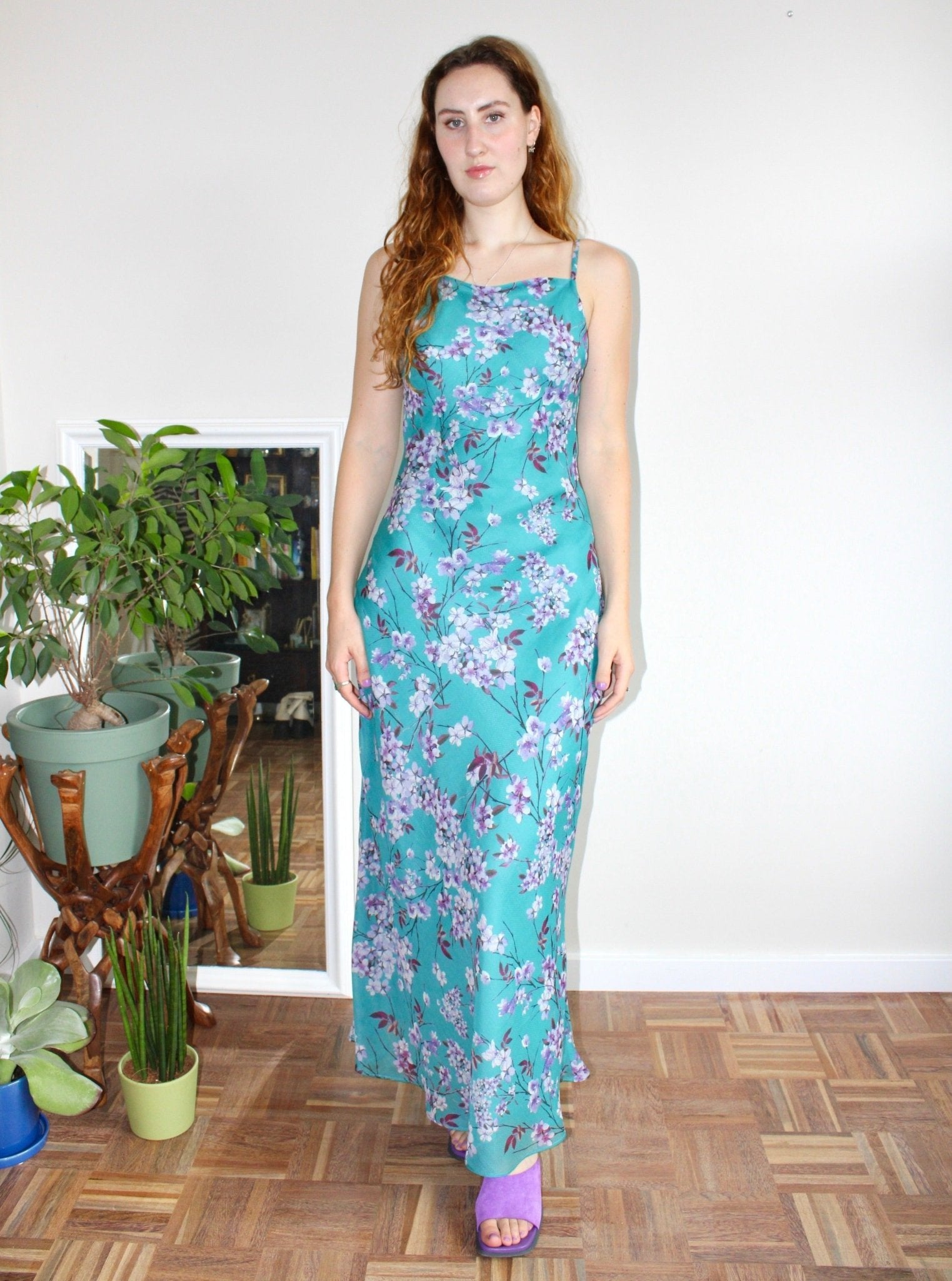 Camille maxi dress turquoise floral silk - Luci's Lemons