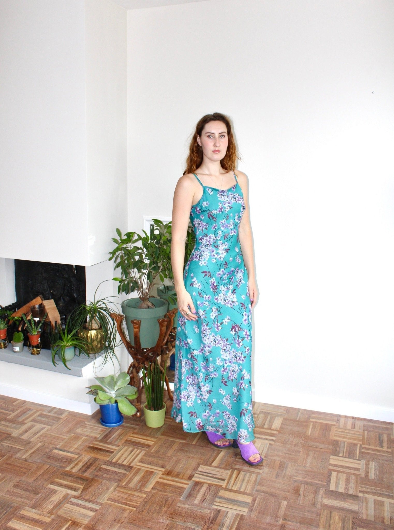 Camille maxi dress turquoise floral silk - Luci's Lemons