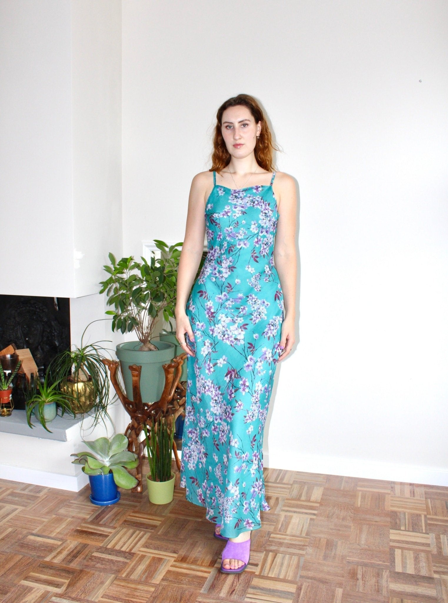 Camille maxi dress turquoise floral silk - Luci's Lemons
