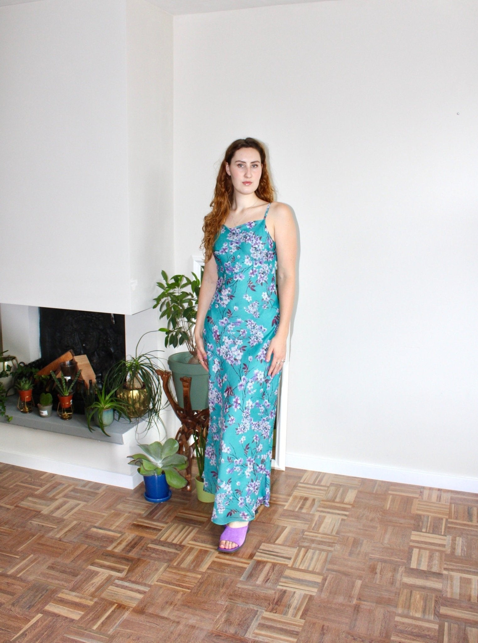 Camille maxi dress turquoise floral silk - Luci's Lemons