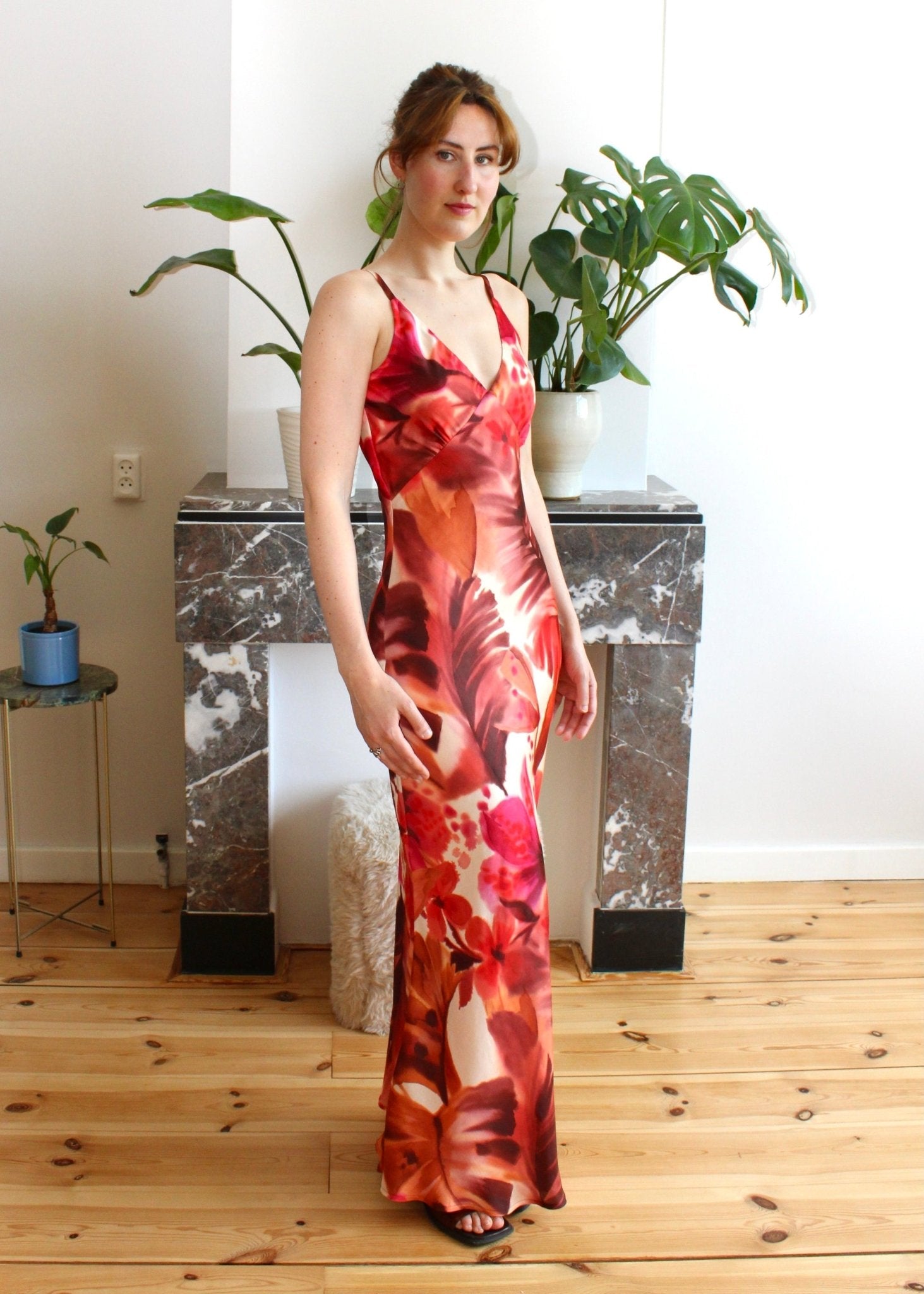 Celine spaghetti straps dress orange floral - Luci's Lemons
