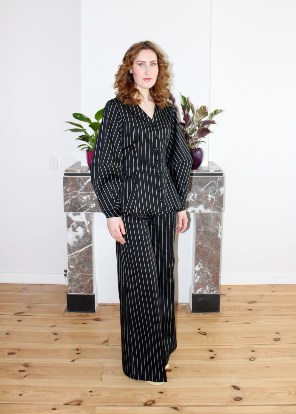 Gloria blouse black big stripe V neck - Luci's Lemons