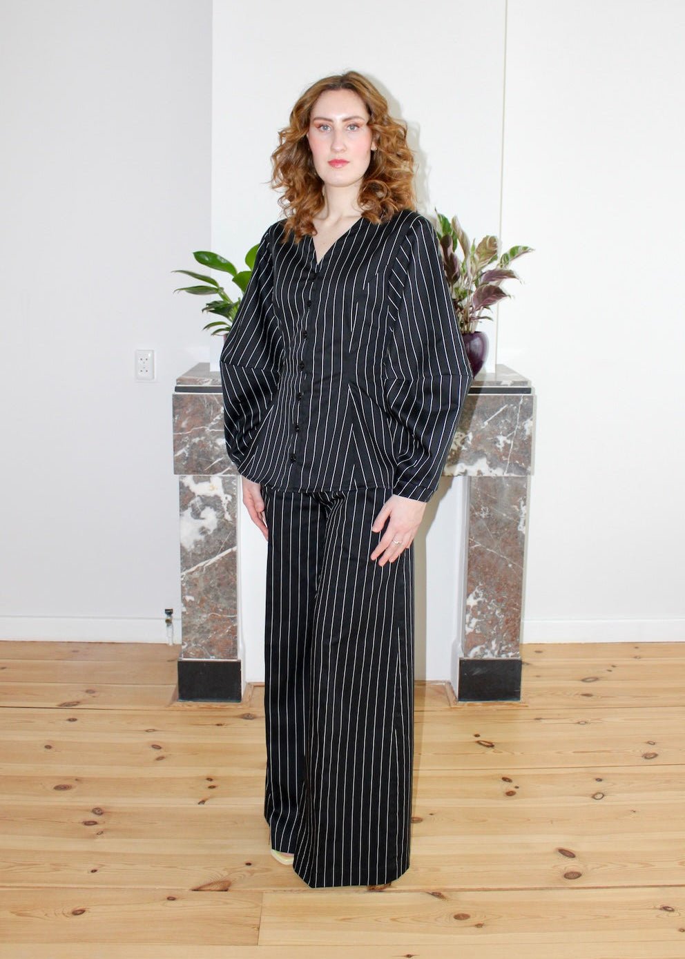 Gloria blouse black big stripe V neck - Luci's Lemons