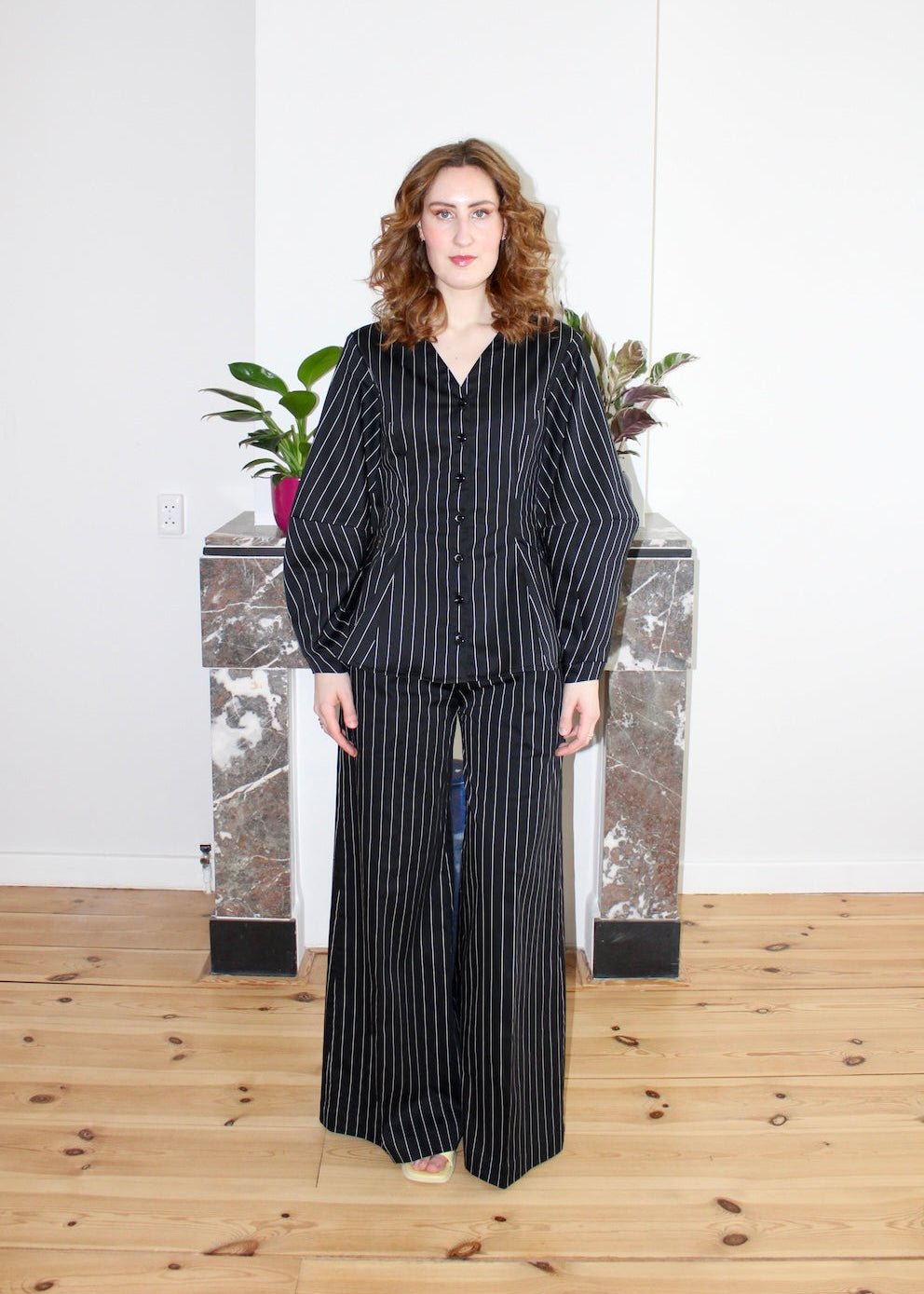 Gloria blouse black big stripe V neck - Luci's Lemons