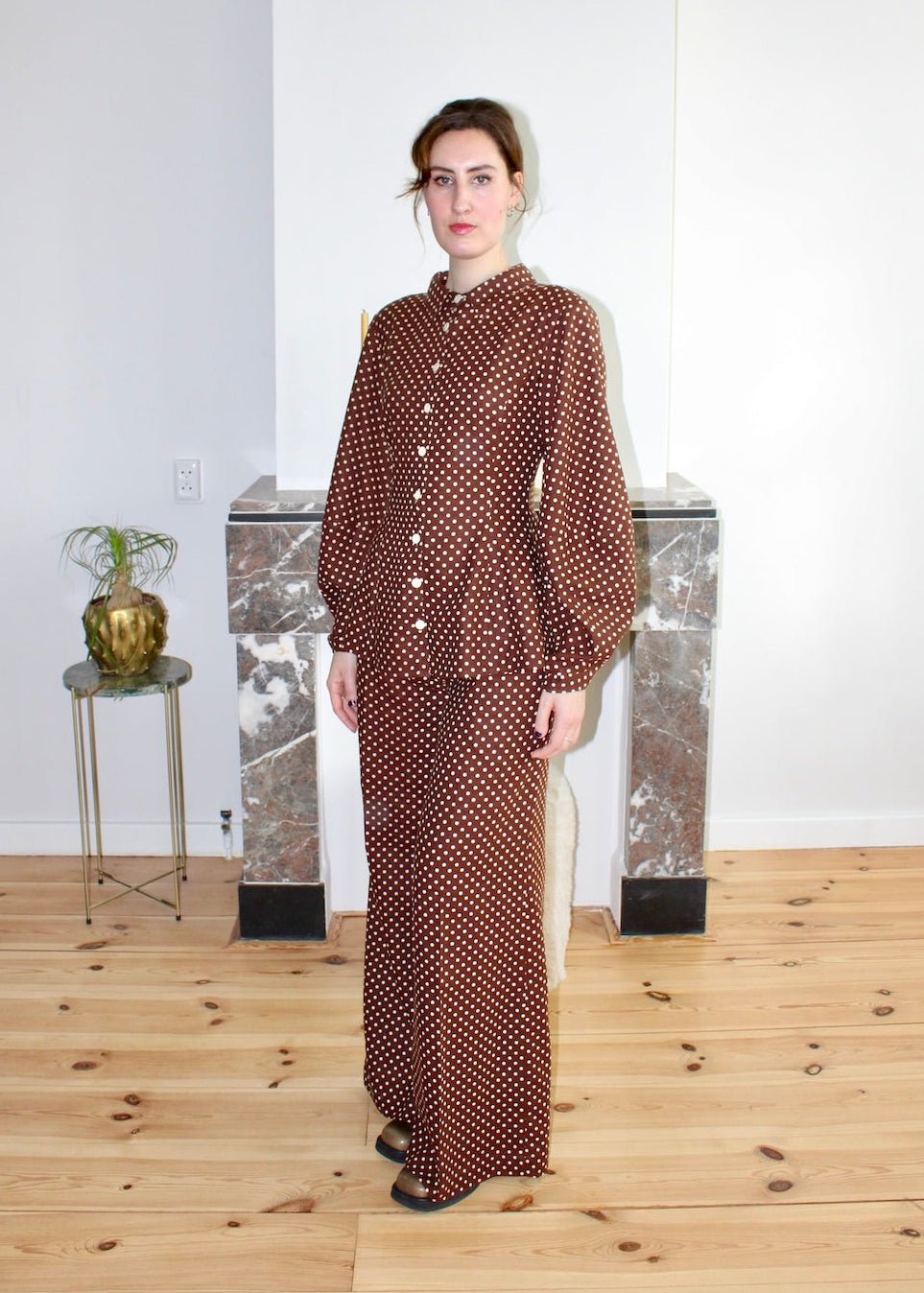 Gloria blouse brown polka dot - Luci's Lemons