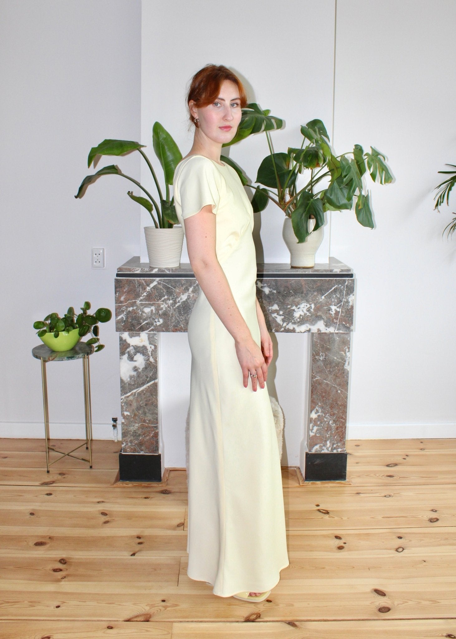 Indigo dress vanilla yellow satin - Luci's Lemons