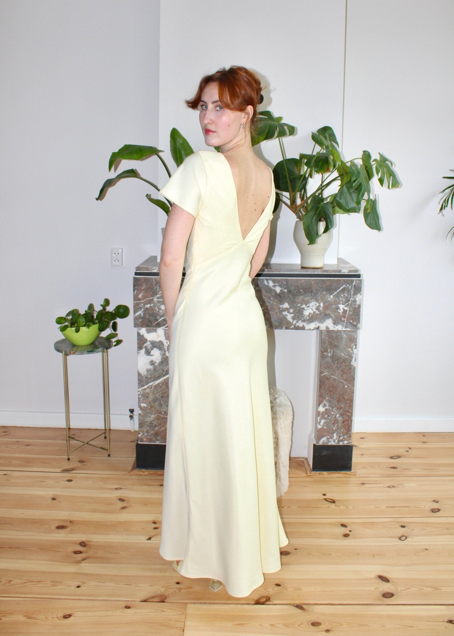 Indigo dress vanilla yellow satin - Luci's Lemons