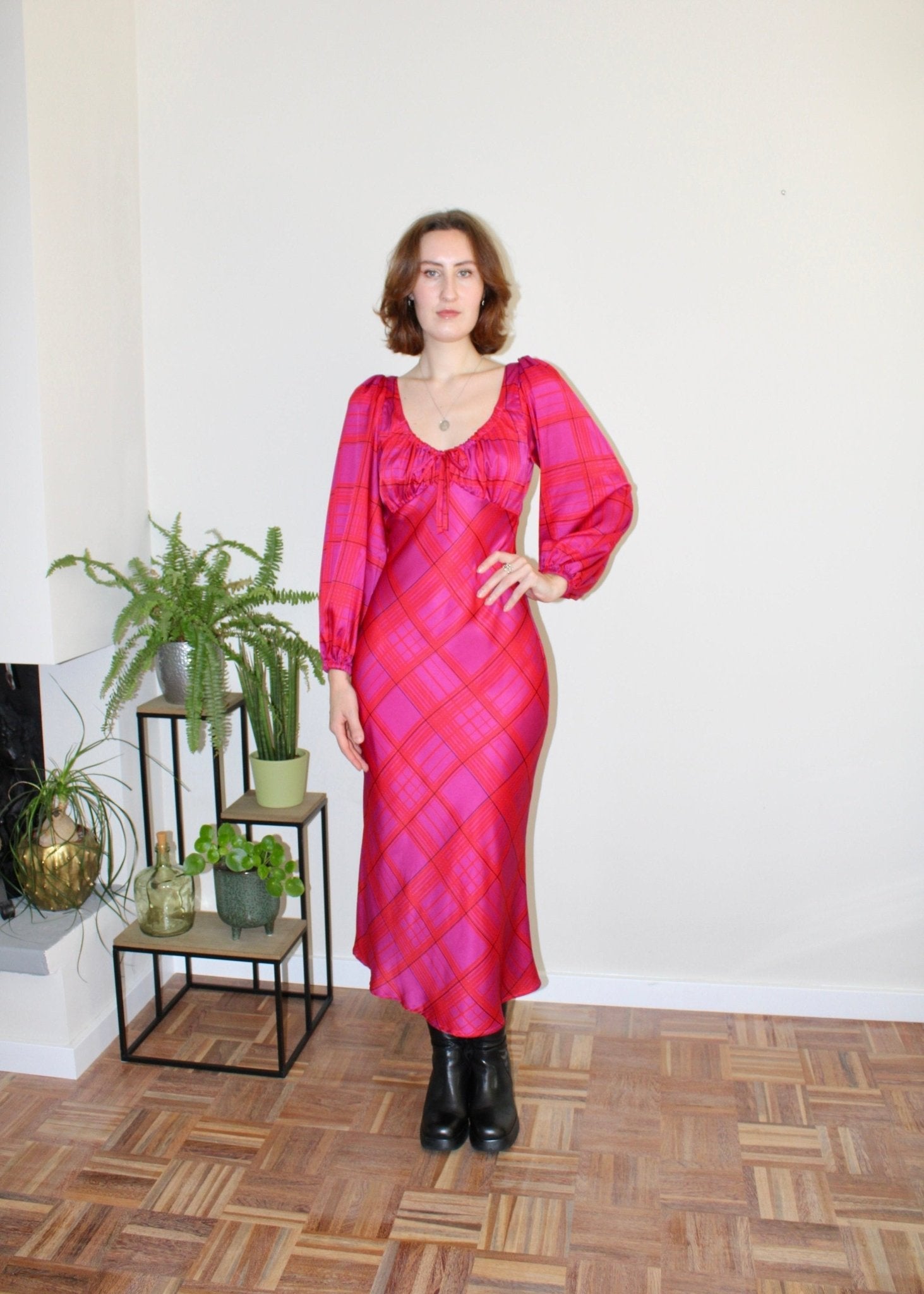 Lara dress longsleeve silk pink plaid - Luci's Lemons