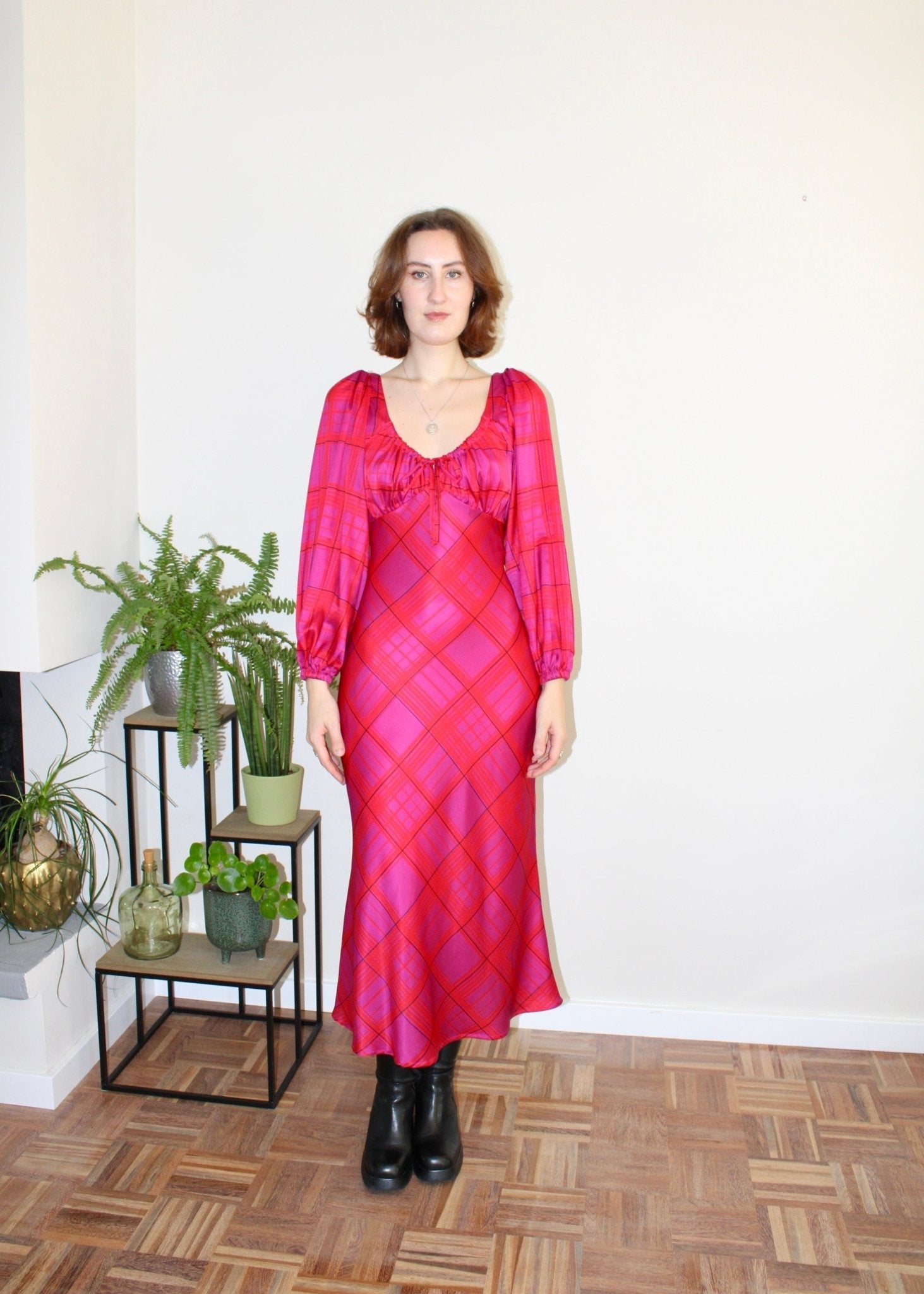 Lara dress longsleeve silk pink plaid - Luci's Lemons