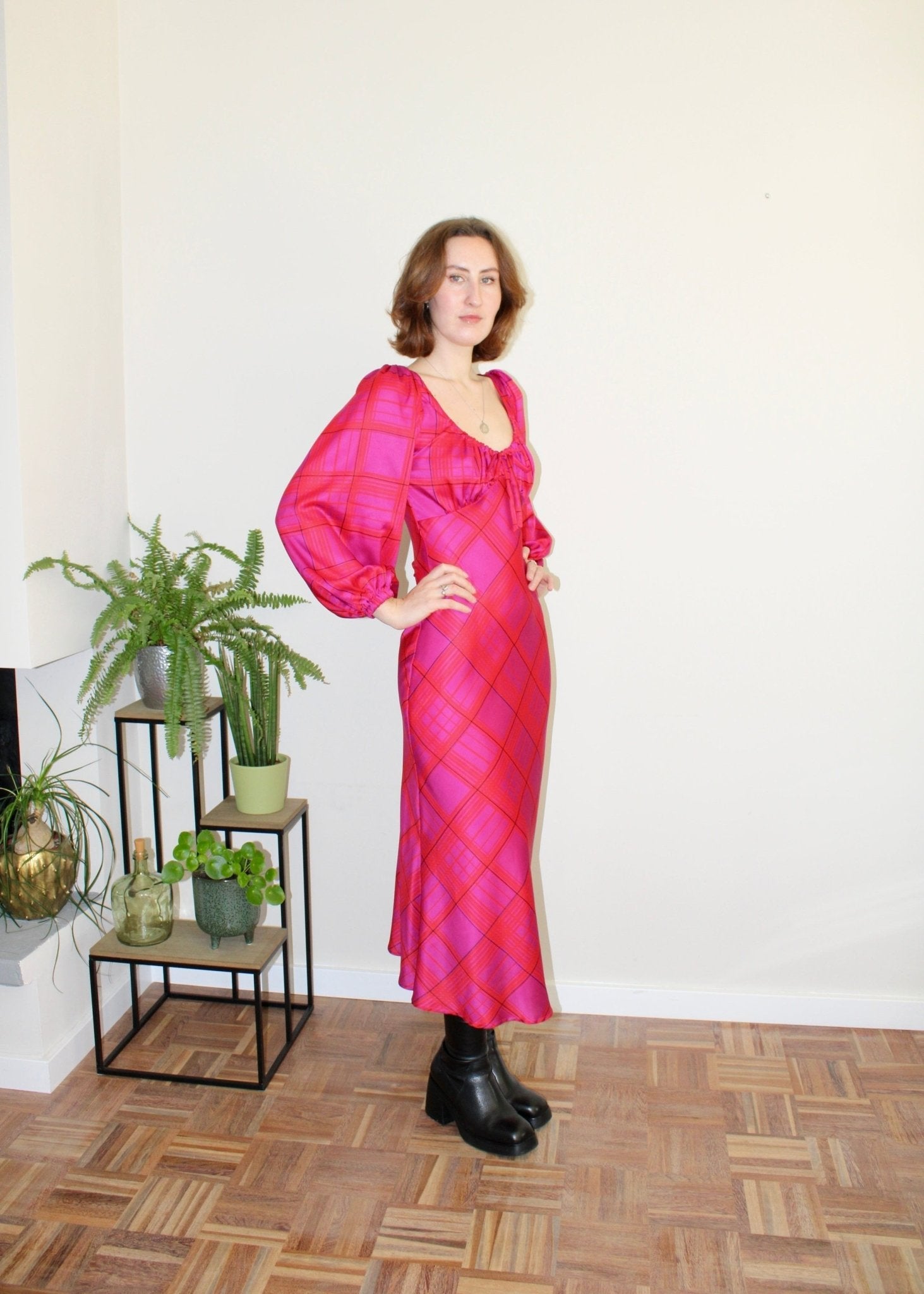Lara dress longsleeve silk pink plaid - Luci's Lemons