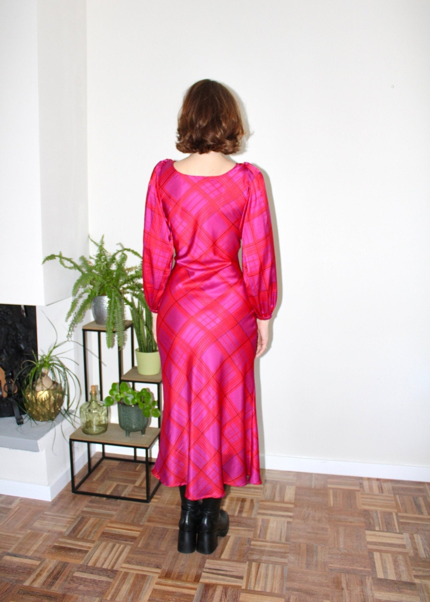 Lara dress longsleeve silk pink plaid - Luci's Lemons