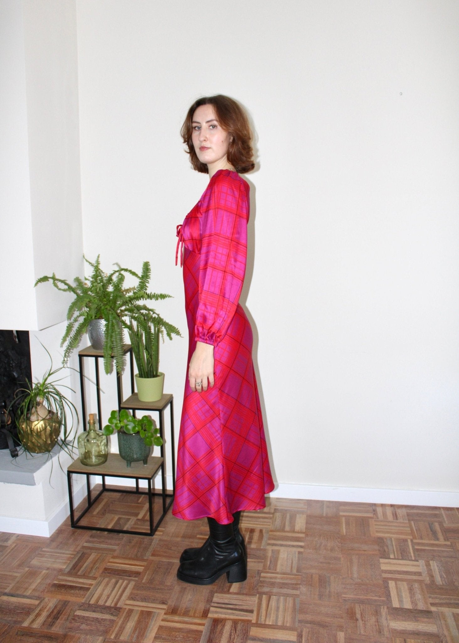 Lara dress longsleeve silk pink plaid - Luci's Lemons