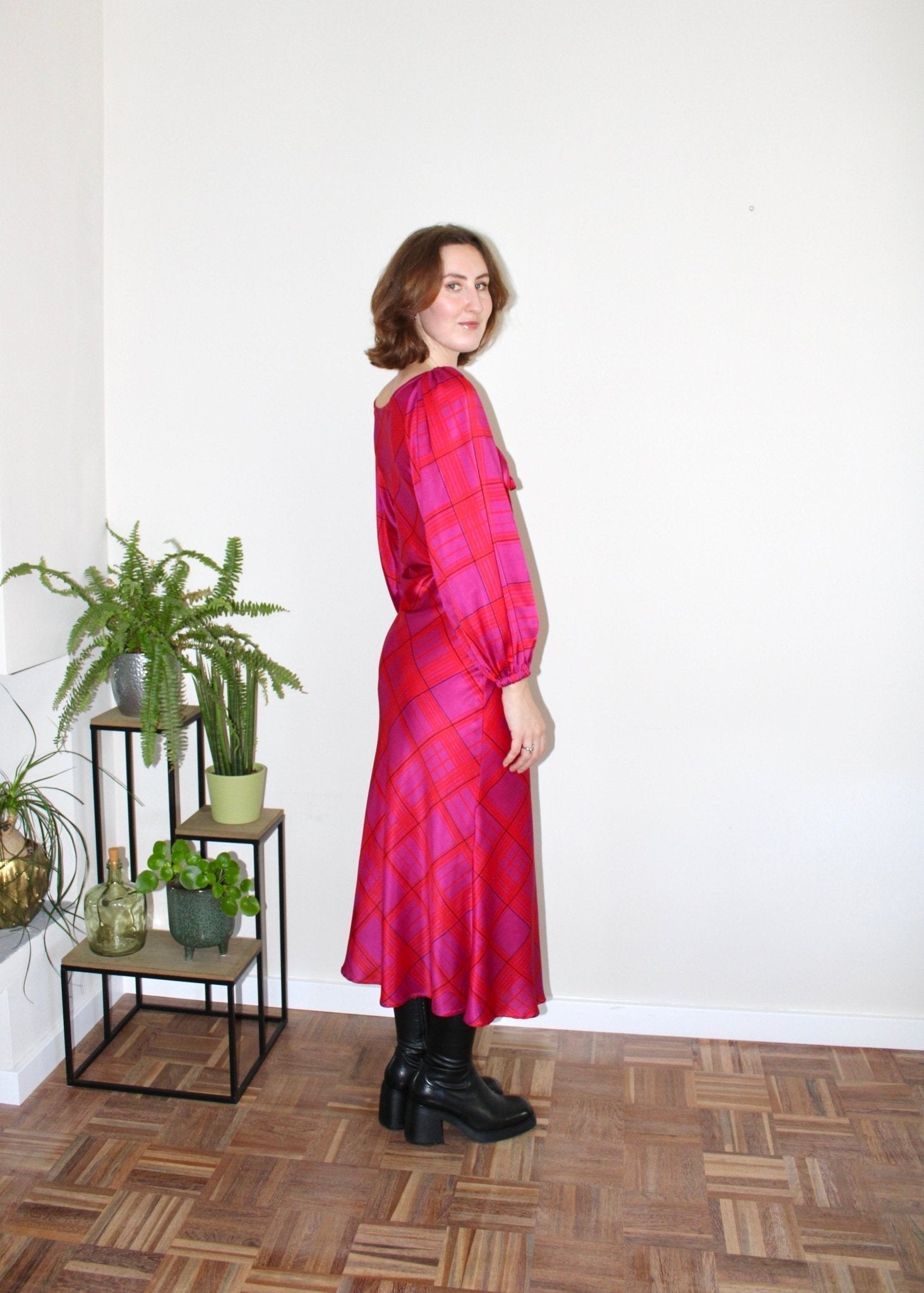 Lara dress longsleeve silk pink plaid - Luci's Lemons