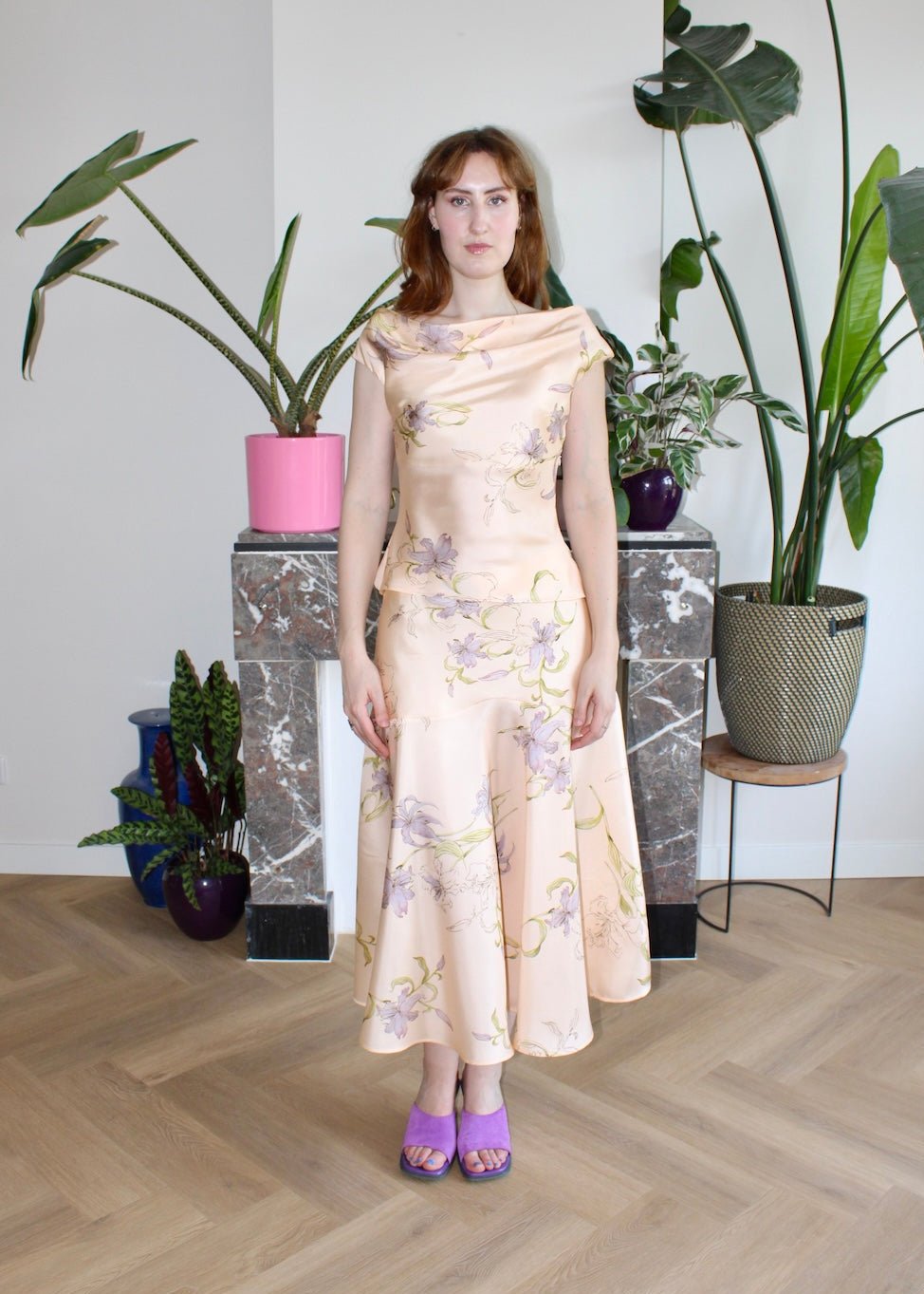 Lilith top soft peach floral silk - Luci's Lemons