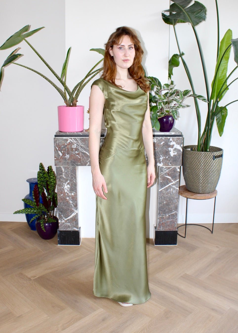 Nancy maxi dress golden moss silk - Luci's Lemons