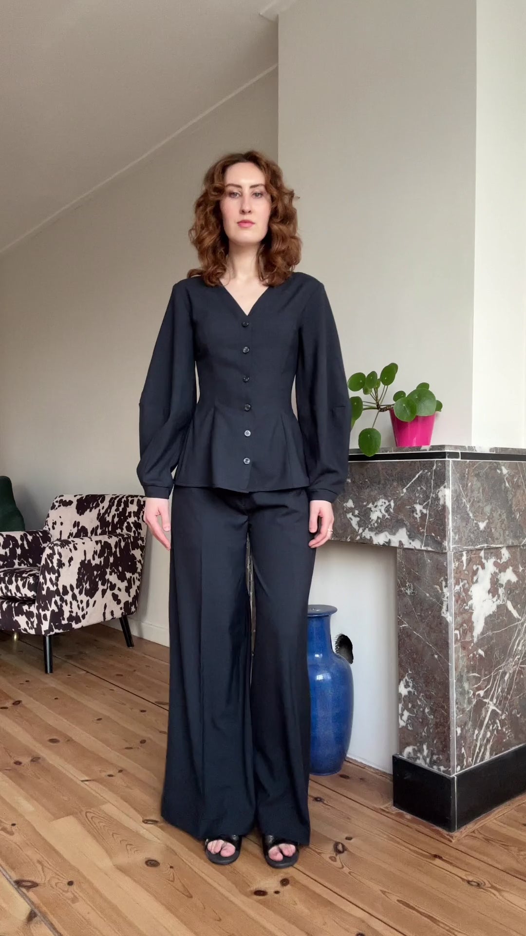 Gloria blouse navy wool V neck