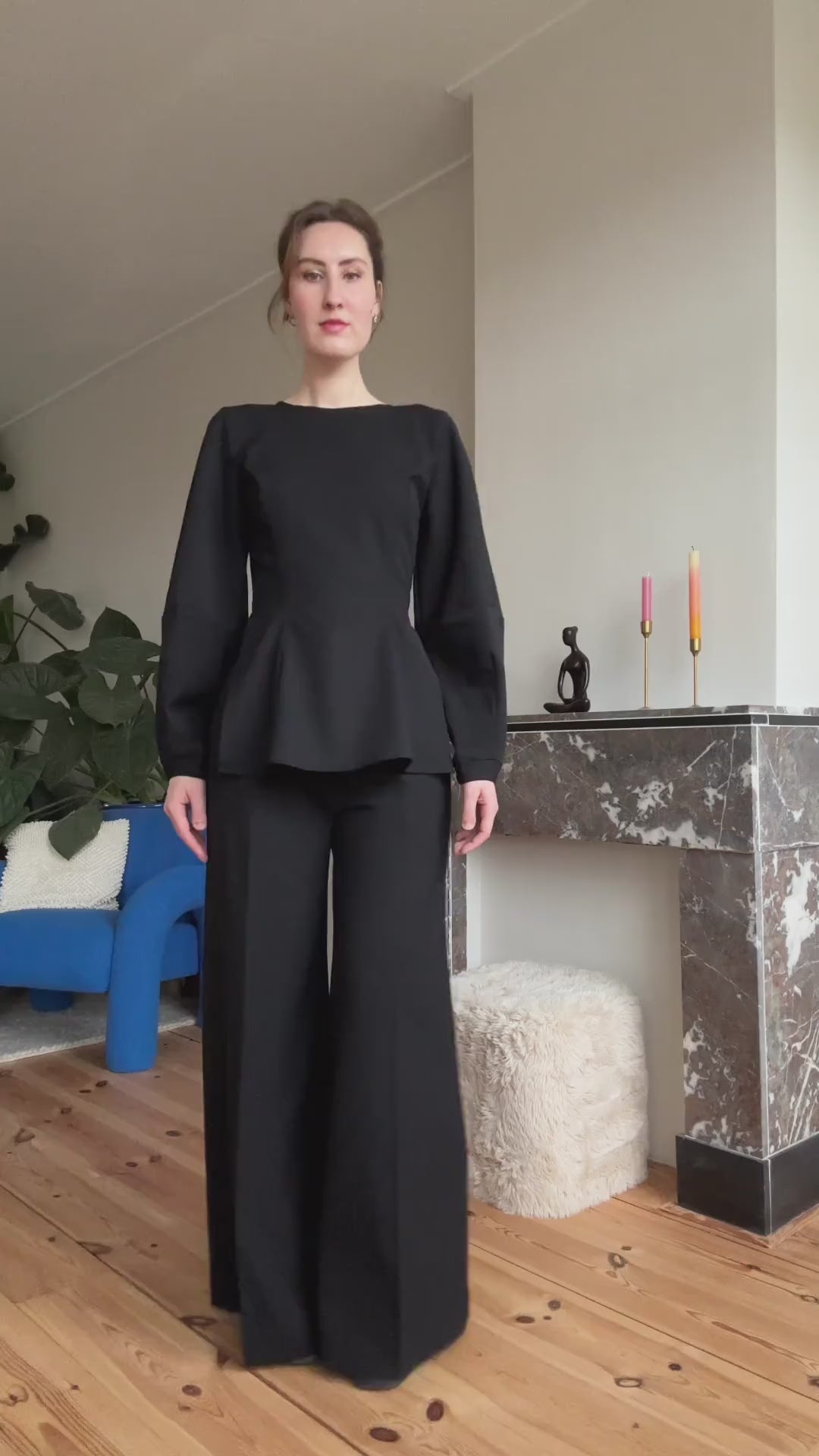 Amelia top black wool long barrel sleeves