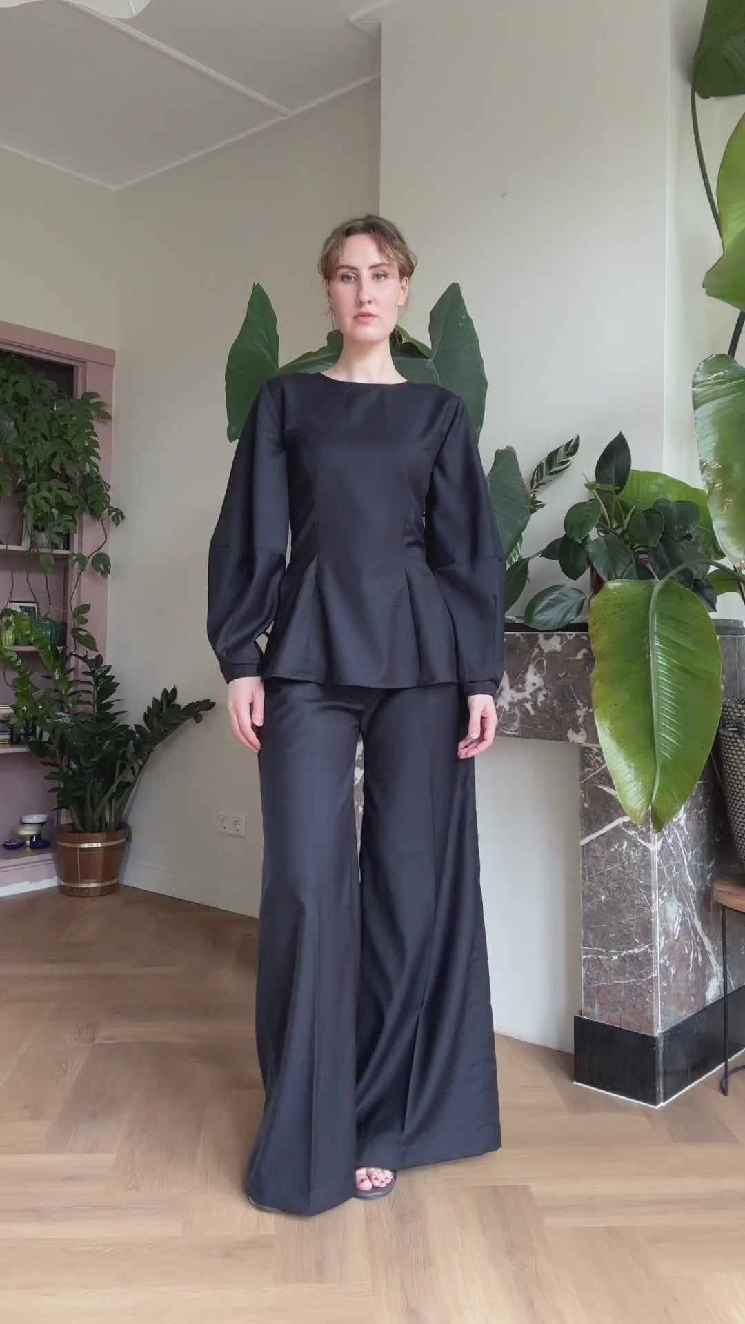Amelia top navy wool long barrel sleeves