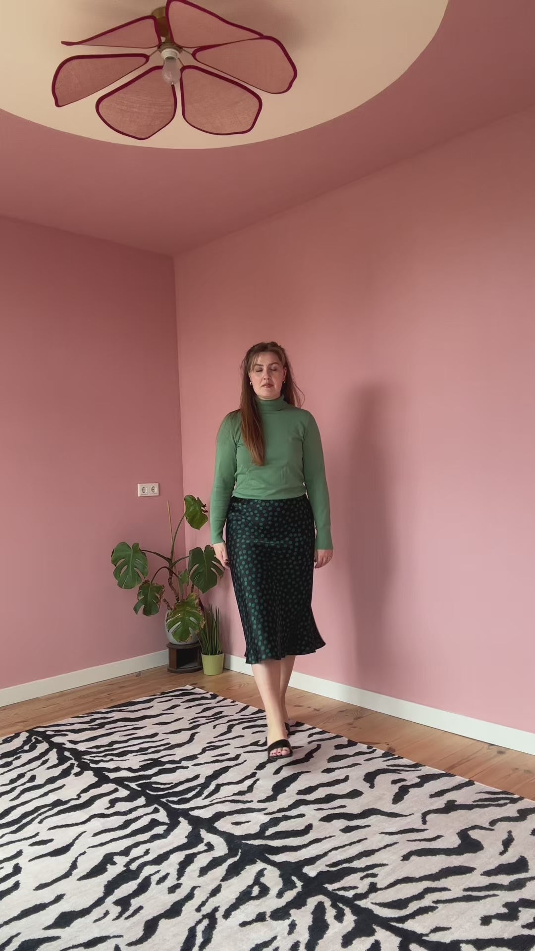Bias skirt - black and green polka dot silk