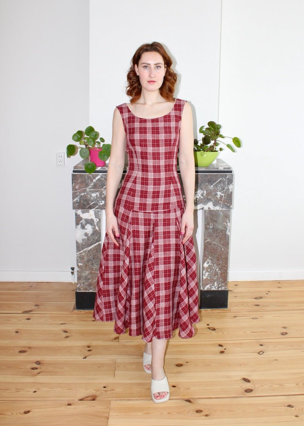 Rhiannon long midi skirt burgundy plaid linen - Luci's Lemons